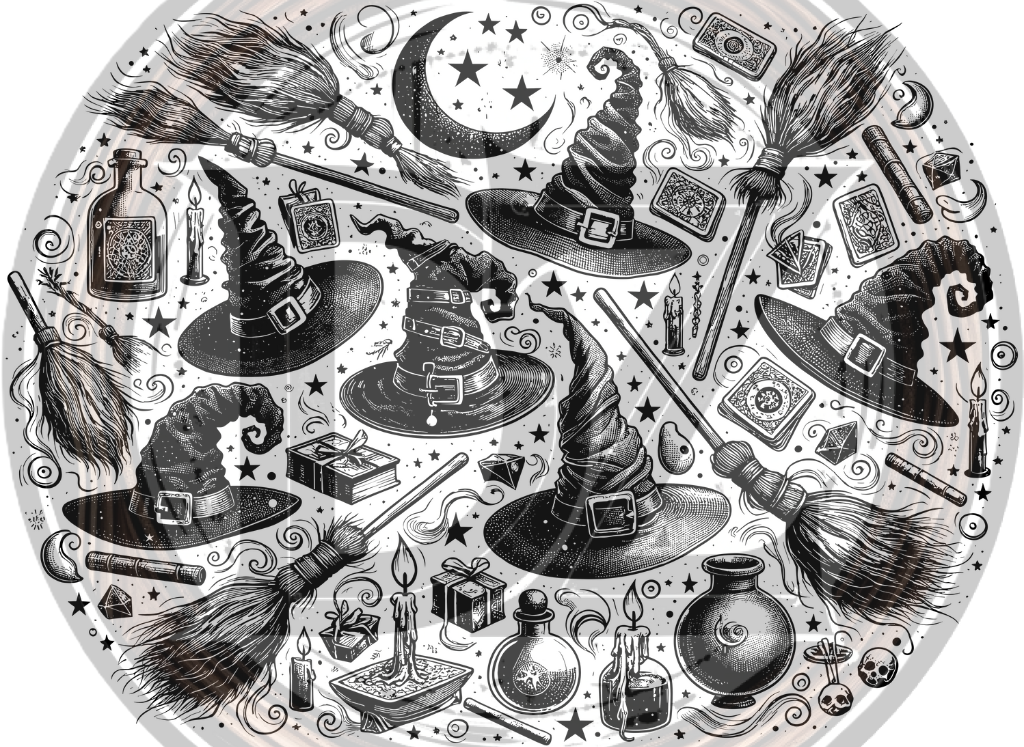 illustrations of witch hats, brooms, potions, and stars on a white background.