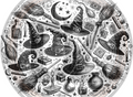 illustrations of witch hats, brooms, potions, and stars on a white background.