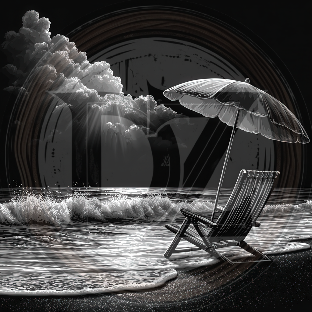 Black and white illustration of a beach scene with an umbrella and chair.
