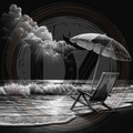 Black and white illustration of a beach scene with an umbrella and chair.