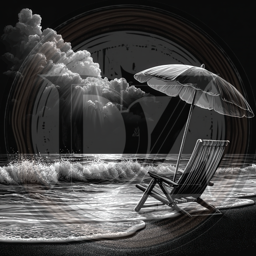 Black and white illustration of a beach scene with an umbrella and chair.