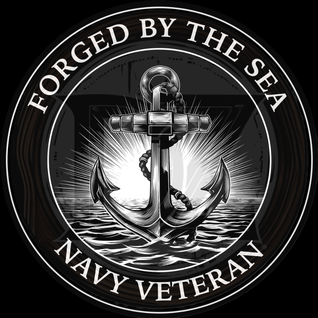 Navy veteran emblem with anchor and text 'Forged by the Sea Navy Veteran' on a black background
