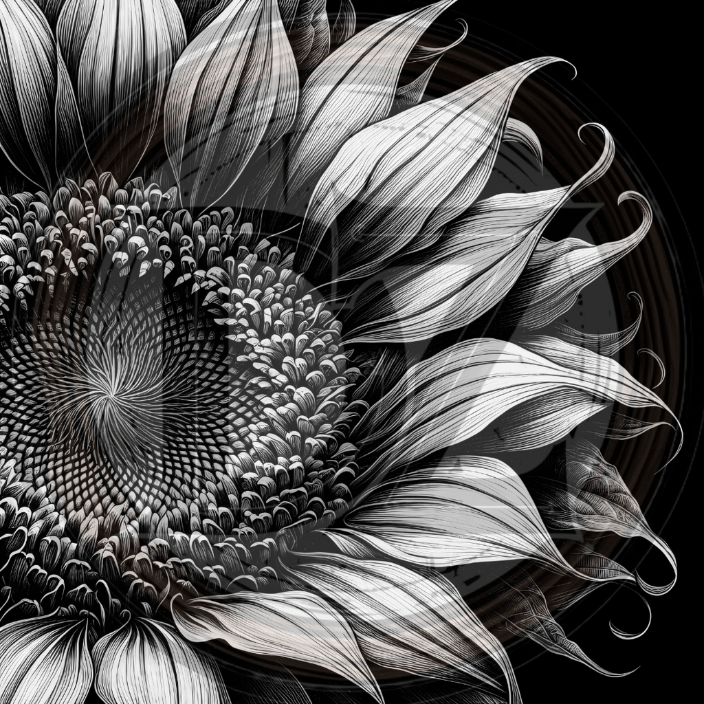 Black and white illustration of a sunflower with detailed petals and center.
