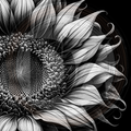 Black and white illustration of a sunflower with detailed petals and center.