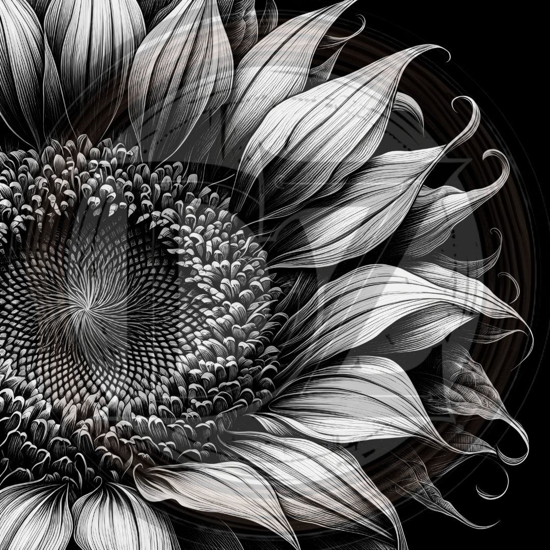 Black and white illustration of a sunflower with detailed petals and center.