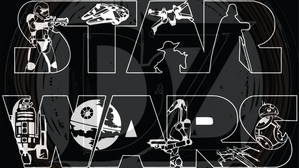 Black and white 'Star Wars' logo with character silhouettes
