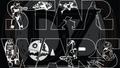 Black and white 'Star Wars' logo with character silhouettes