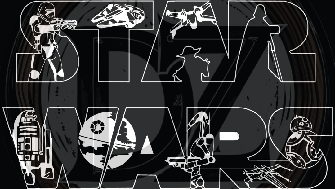 Black and white 'Star Wars' logo with character silhouettes