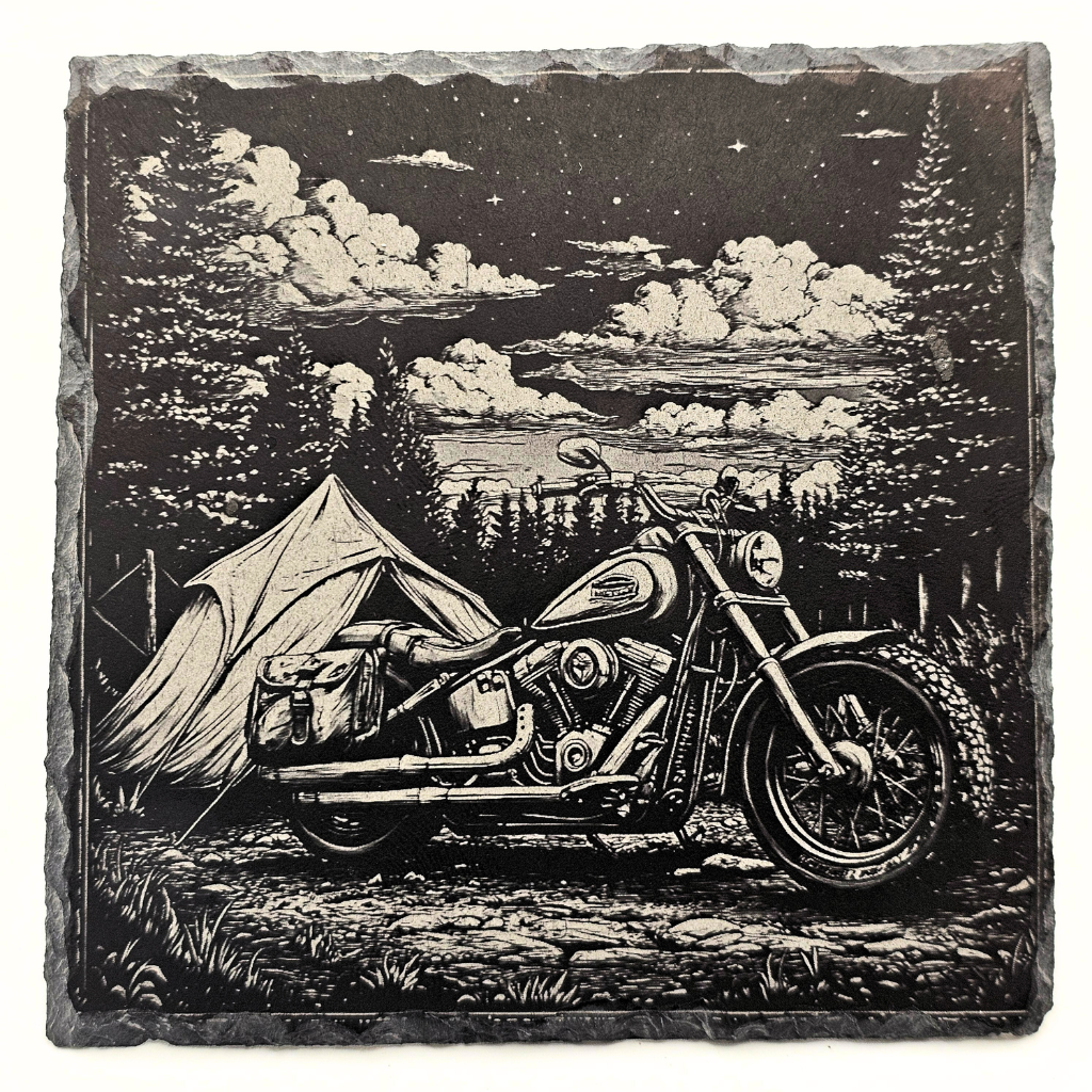 Motorcycle and tent scene with a night sky and stars on a slate background
