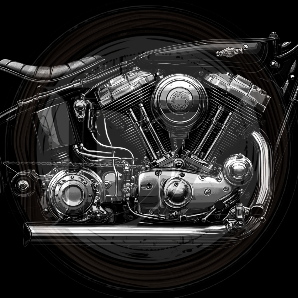 Close-up of a motorcycle engine with intricate details on a black background