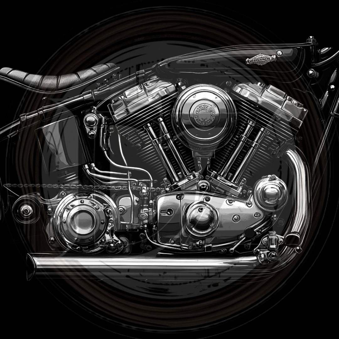 Close-up of a motorcycle engine with intricate details on a black background