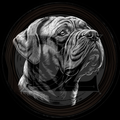 Black and white illustration of a dog's head on a dark background