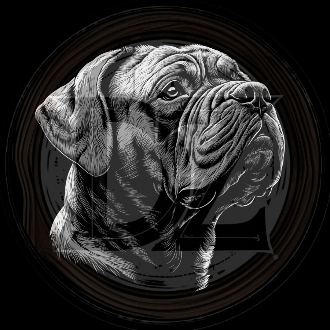 Black and white illustration of a dog's head on a dark background