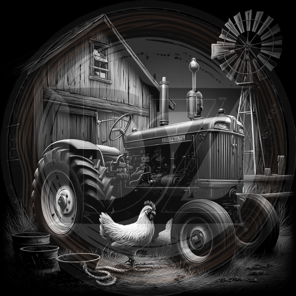Vintage tractor in a barn with a chicken and windmill 