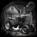 Vintage tractor in a barn with a chicken and windmill 