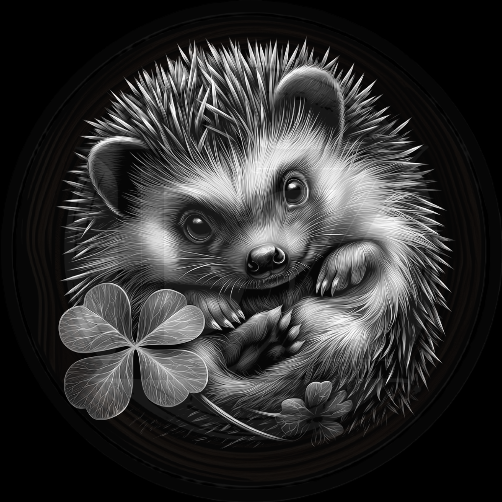 Black and white illustration of a hedgehog with clover leaves
