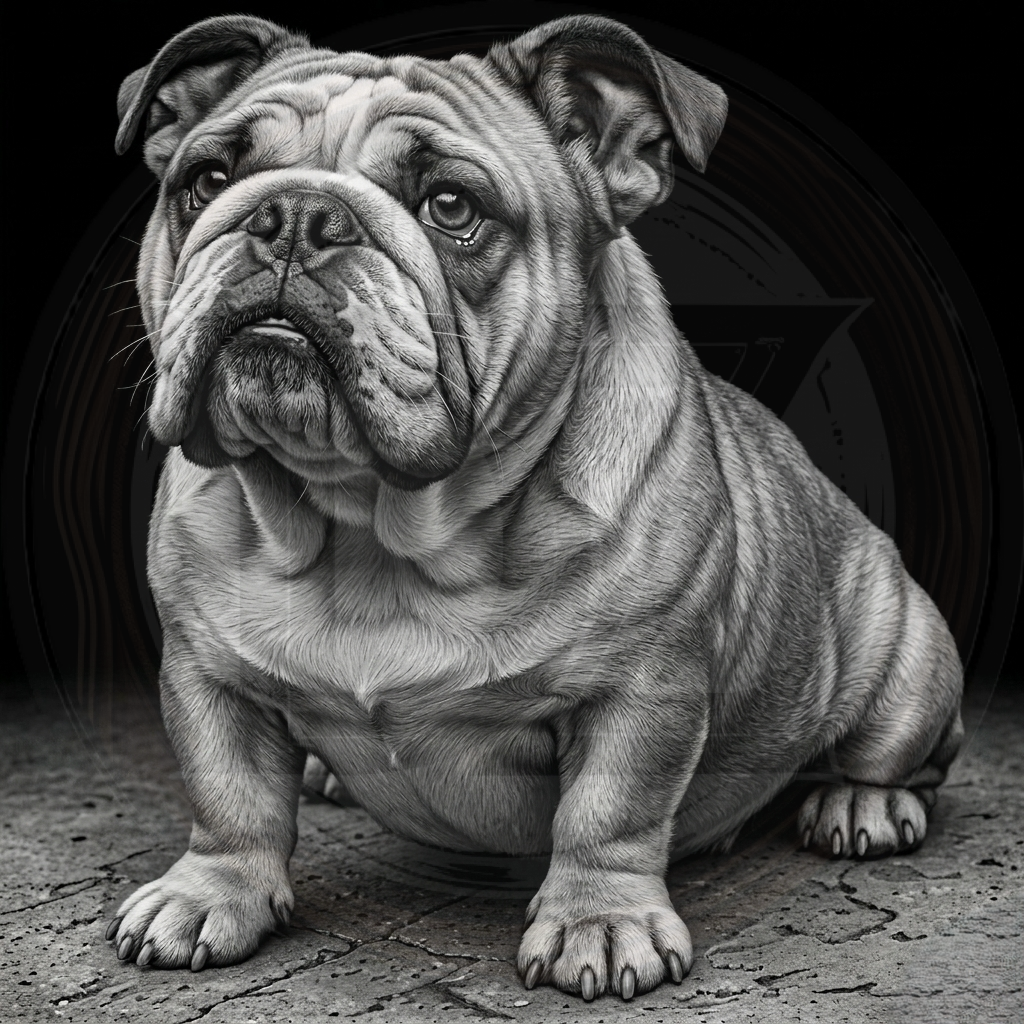 Black and white drawing of a bulldog sitting on a textured surface.
