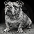 Black and white drawing of a bulldog sitting on a textured surface.