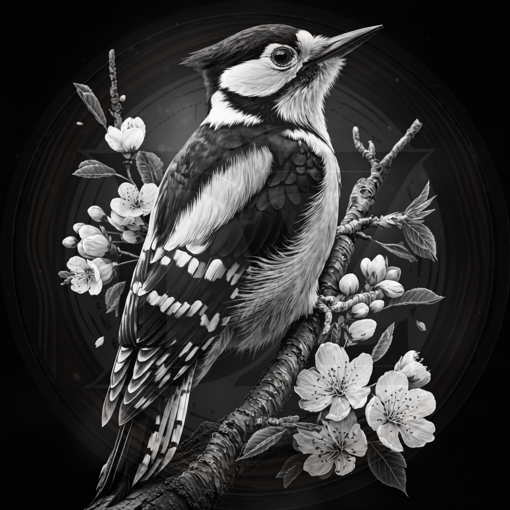 Black and white illustration of a woodpecker on a branch with flowers