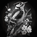 Black and white illustration of a woodpecker on a branch with flowers