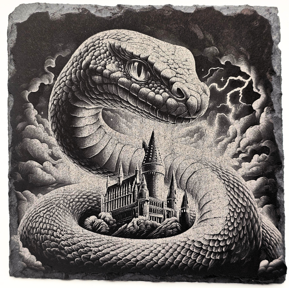 Artistic depiction of a snake coiled around a castle with a dark, cloud-filled sky.