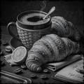 Black and white still life with a coffee cup, croissants, and lemon on a wooden surface.