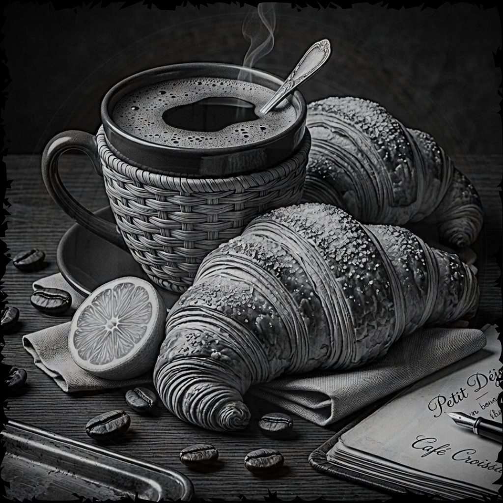 Black and white still life with a coffee cup, croissants, and lemon on a wooden surface.