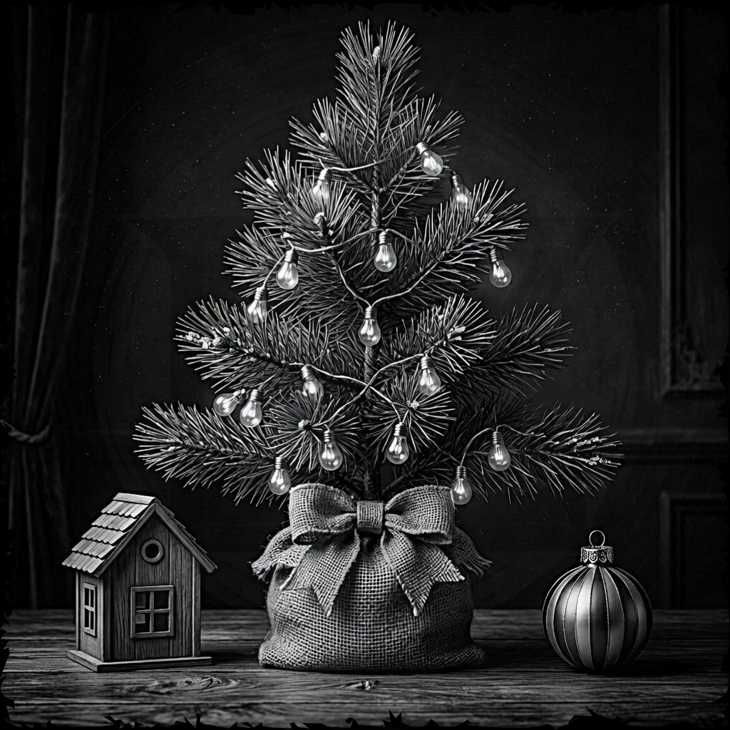 Small decorated Christmas tree with lights on a wooden surface against a dark background