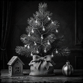 Small decorated Christmas tree with lights on a wooden surface against a dark background