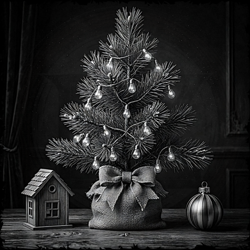 Small decorated Christmas tree with lights on a wooden surface against a dark background