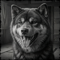 Black and white illustration of a dog in a traditional setting