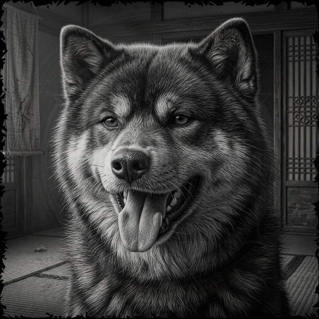 Black and white illustration of a dog in a traditional setting