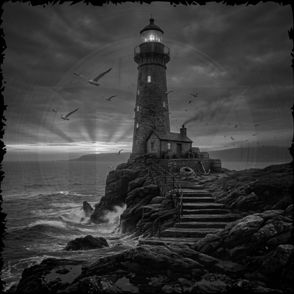 Lighthouse on a rocky island with a dramatic sky and ocean.
