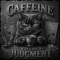 Cat holding a cup with text 'Caffeine with a side of judgment' in a steampunk-style setting.