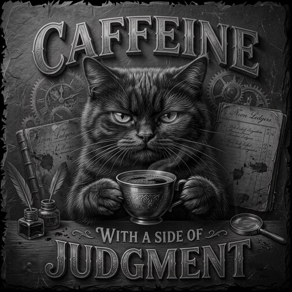 Cat holding a cup with text 'Caffeine with a side of judgment' in a steampunk-style setting.