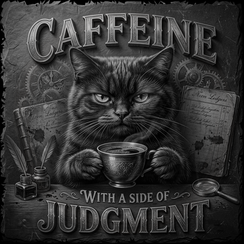 Cat holding a cup with text 'Caffeine with a side of judgment' in a steampunk-style setting.
