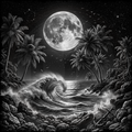 Black and white illustration of a tropical beach at night with palm trees, a full moon, and waves.
