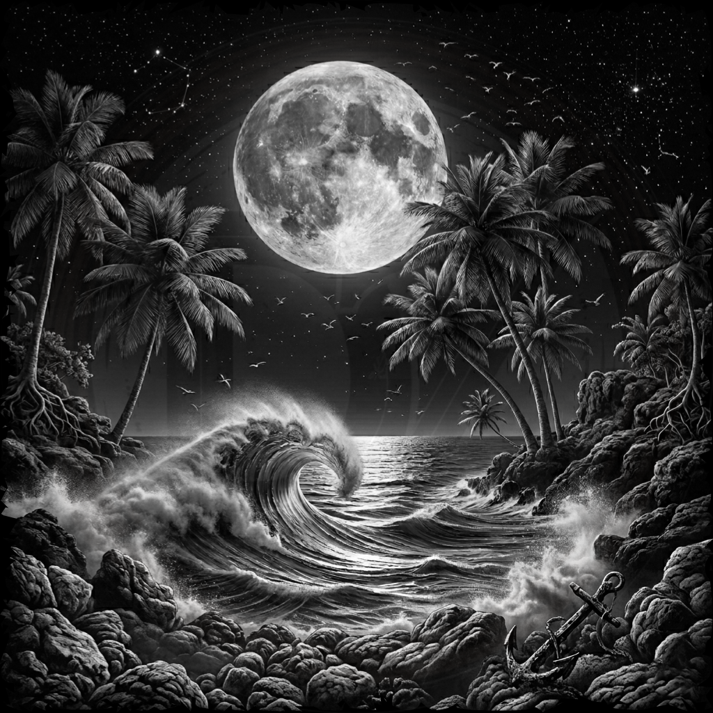Black and white illustration of a tropical beach at night with palm trees, a full moon, and waves.
