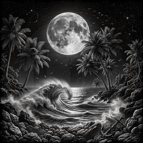 Black and white illustration of a tropical beach at night with palm trees, a full moon, and waves.