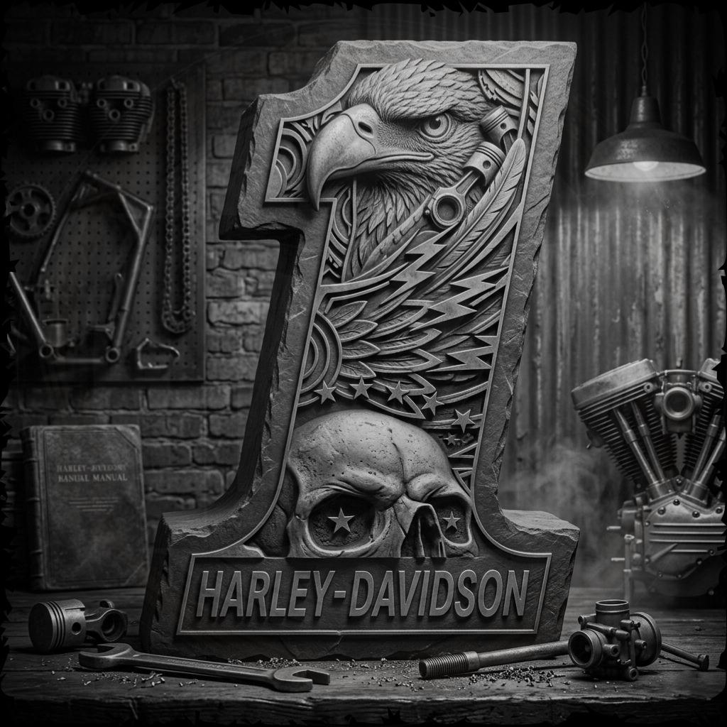 Harley-Davidson logo with eagle and skull design in a workshop setting
