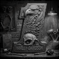 Harley-Davidson logo with eagle and skull design in a workshop setting