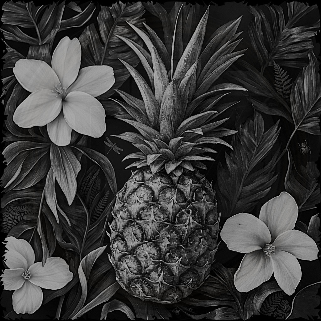 Black and white illustration of a pineapple surrounded by flowers and leaves