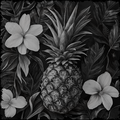 Black and white illustration of a pineapple surrounded by flowers and leaves