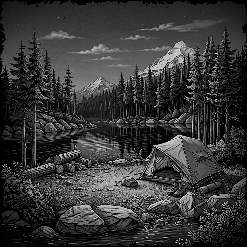 Black and white illustration of a camping scene with a tent by a lake and mountains.