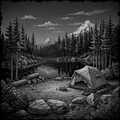 Black and white illustration of a camping scene with a tent by a lake and mountains.