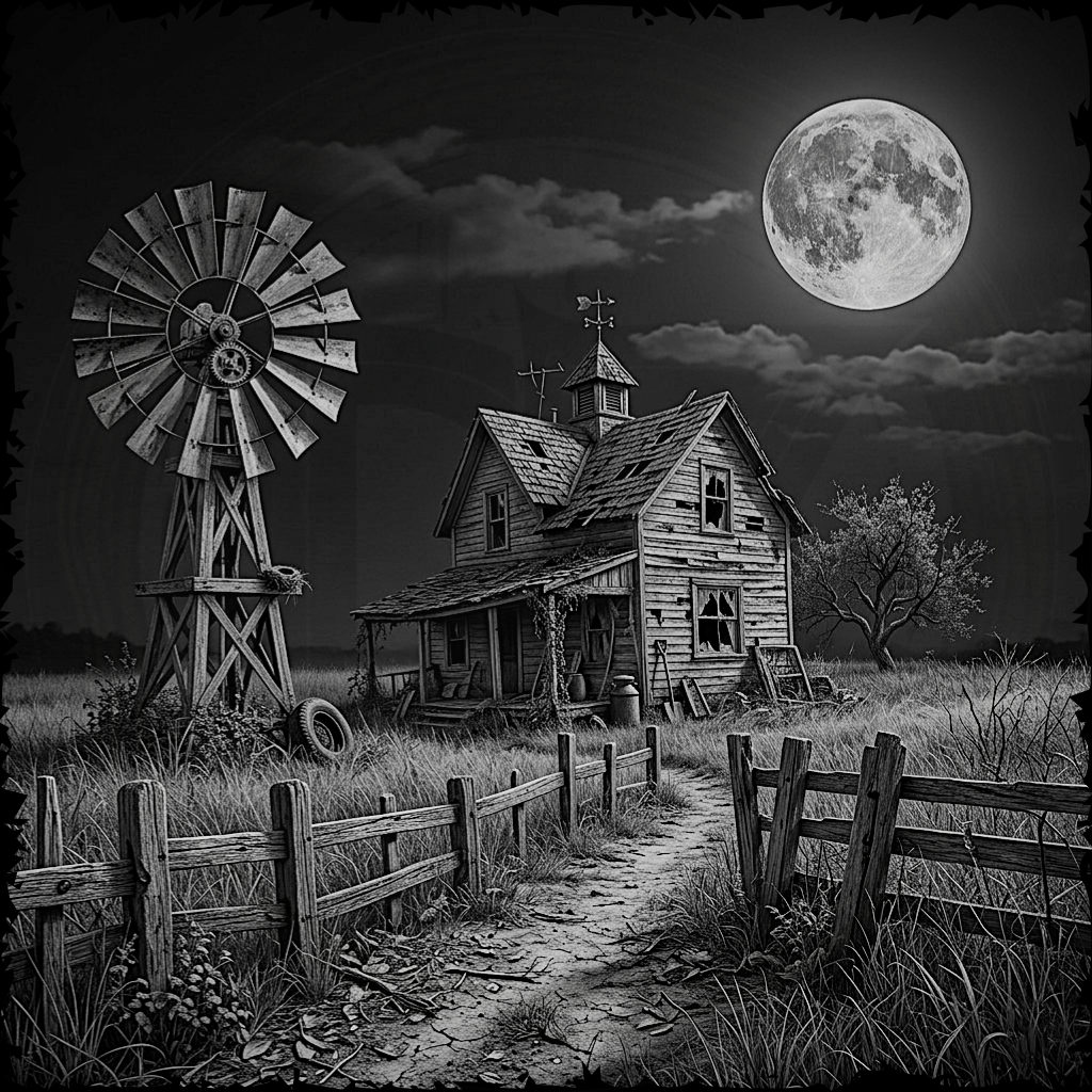 Vintage-style illustration of a rustic house with a windmill under a full moon.