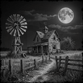 Vintage-style illustration of a rustic house with a windmill under a full moon.