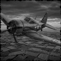 Vintage airplane flying over a landscape with a star emblem on the side.