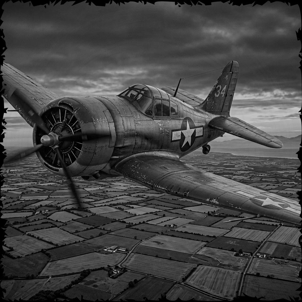 Vintage airplane flying over a landscape with a star emblem on the side.