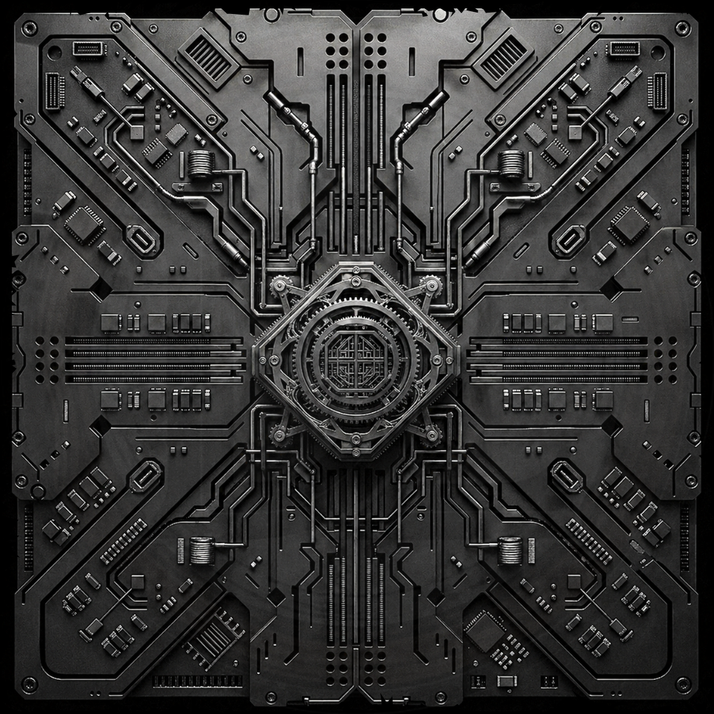 Complex black and gray mechanical design with intricate patterns